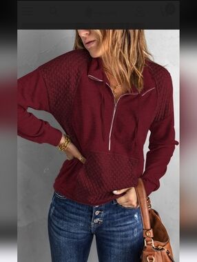 Quilted Patch Half Zipper Sweatshirt Size Large, Casual Workout Travel Cozy